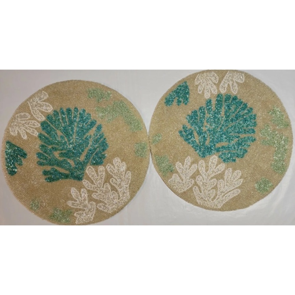 2x Coral Reef Beaded Placemat Coastal Round Centerpiece Charger Turquoise Cream